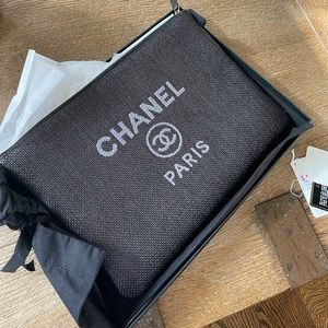Chanel denim black deauville o case clutch bag pouch with box